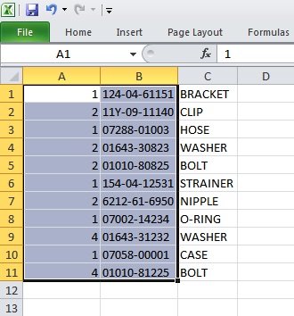 Parts From Spread Sheet 1A